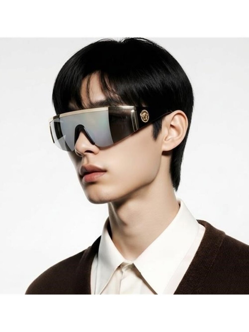 New Versace™ VE2197 Shield Sunglasses – Gold Frame / Grey Mirror Lenses